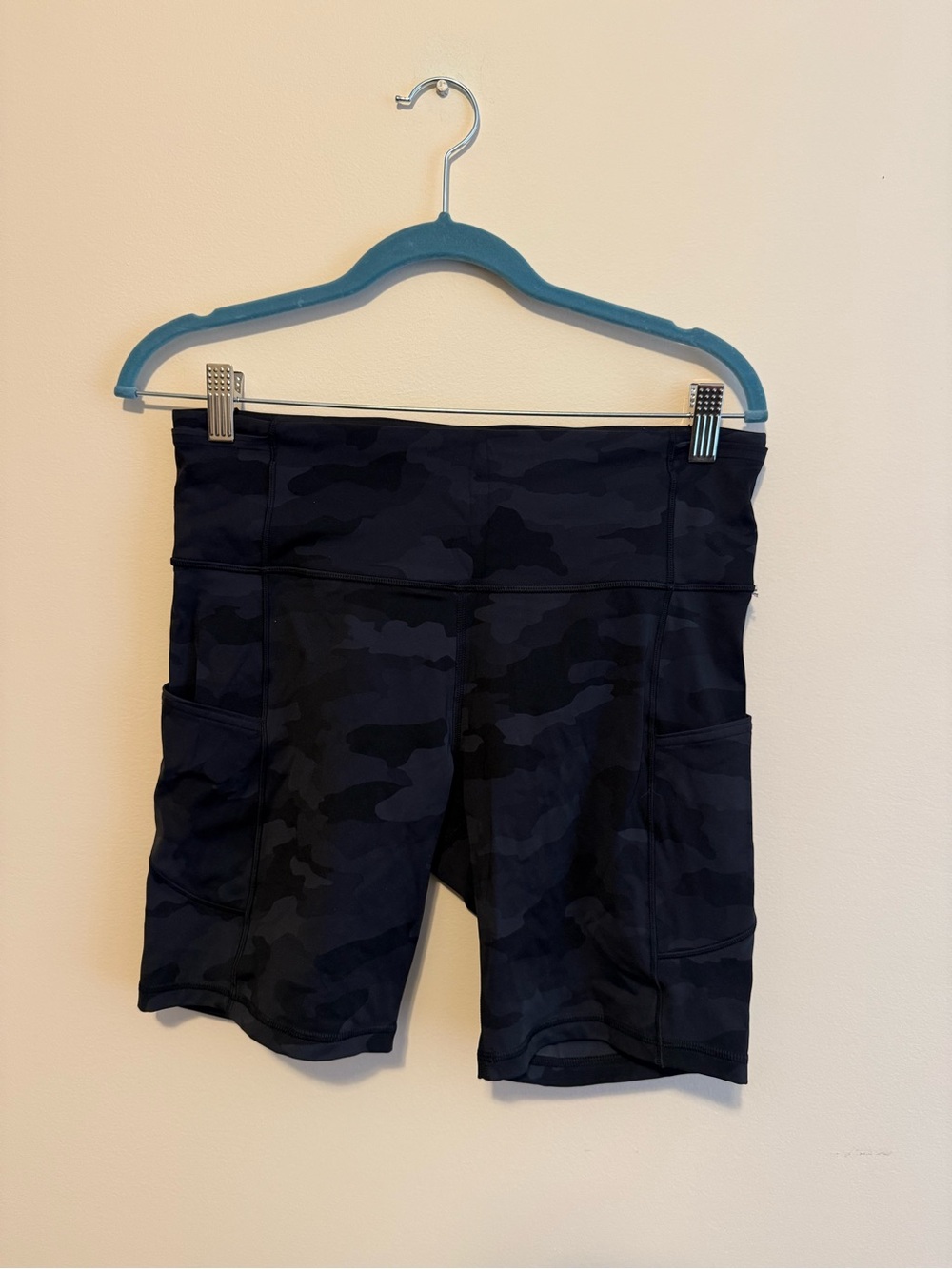 lululemon Fast and Free Black Camo High-Rise Bike Shorts with Side Pockets